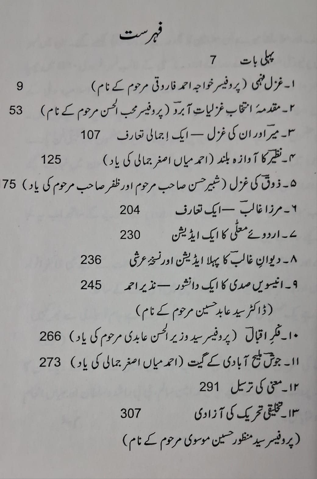 Taruf aur Mutale — Contents
